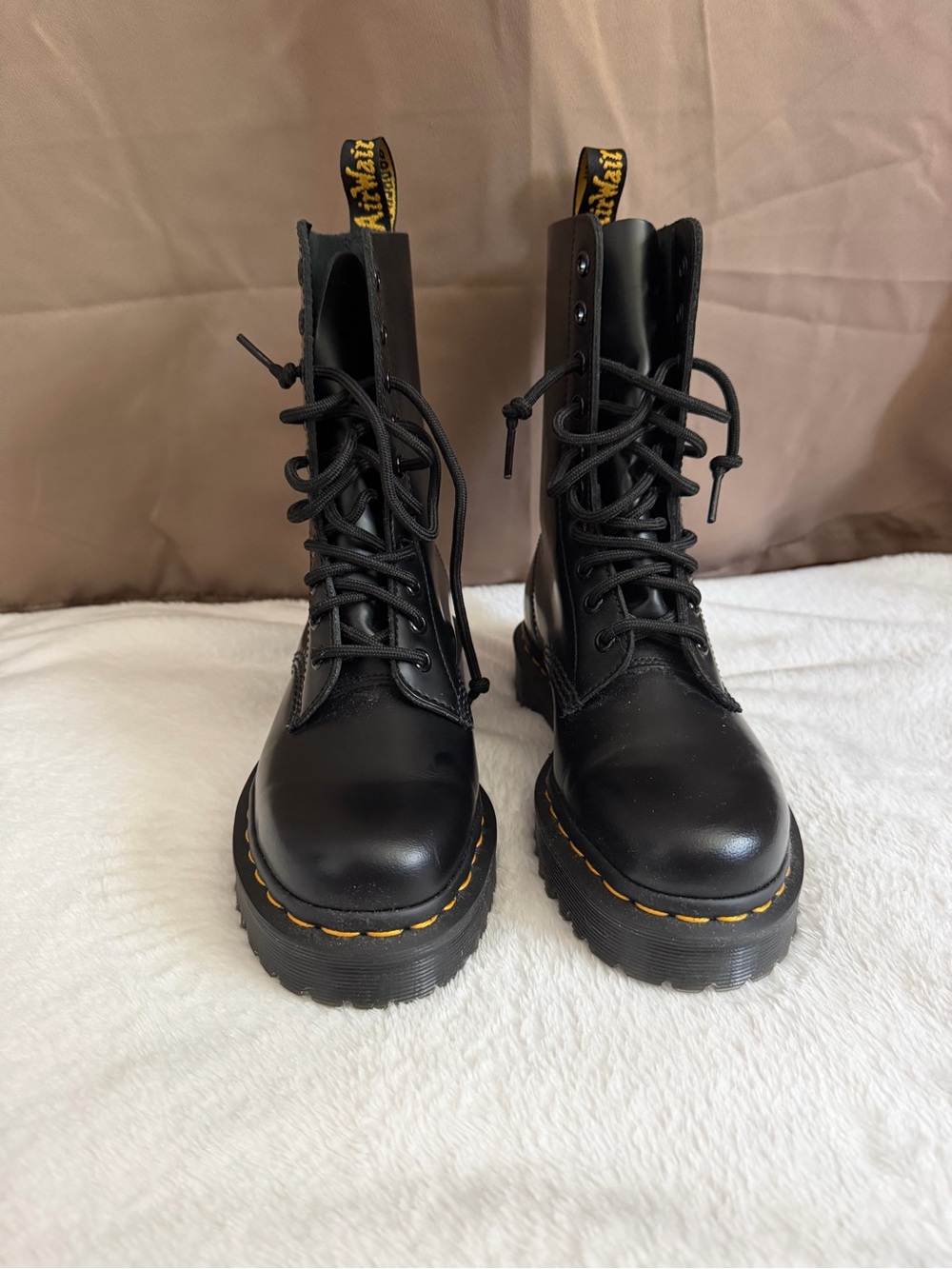 Dr. Martens Black Leather Platform Combat Boots with Yellow Stitching Tabs